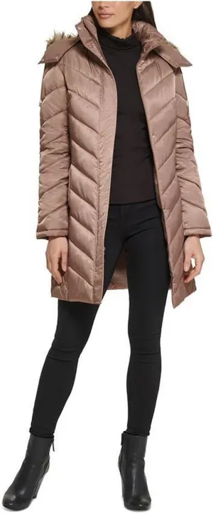 Kenneth Cole Women's Mid-Length Chevron Quilted Puffer Jacket Hooded Coat with Faux Fur Trim