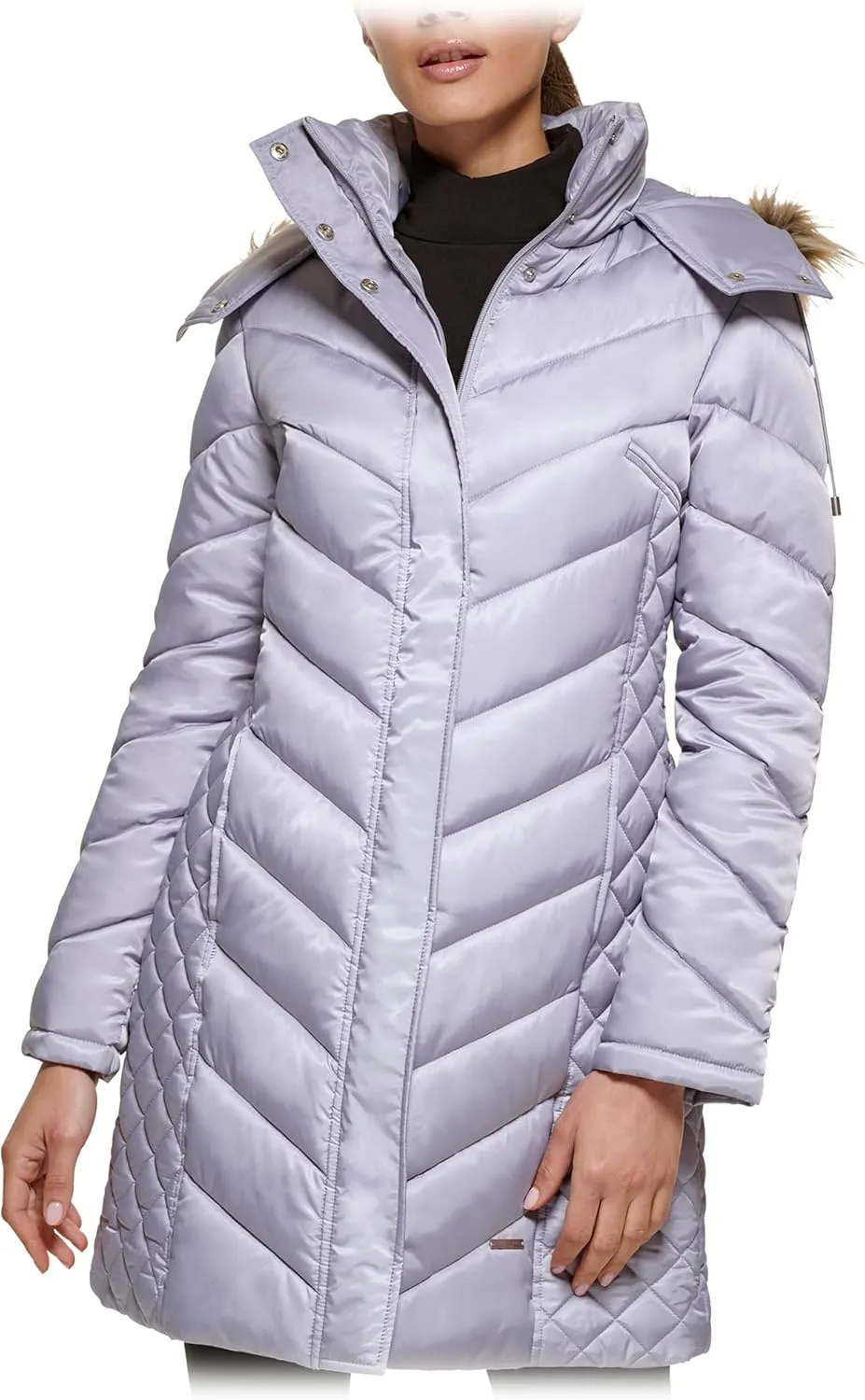 Kenneth Cole Women's Mid-Length Chevron Quilted Puffer Jacket Hooded Coat with Faux Fur Trim