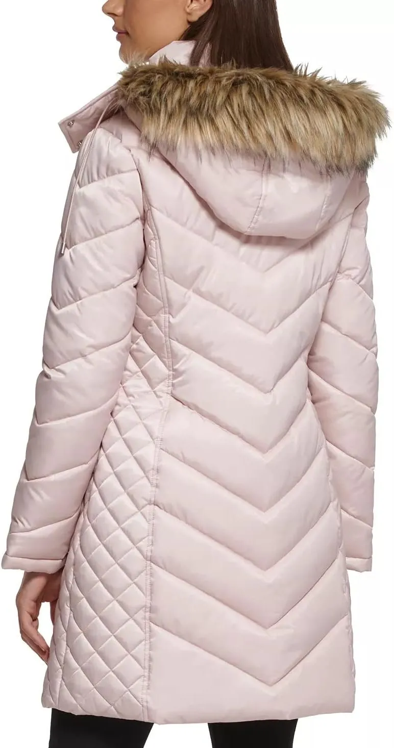 Kenneth Cole Women's Mid-Length Chevron Quilted Puffer Jacket Hooded Coat with Faux Fur Trim