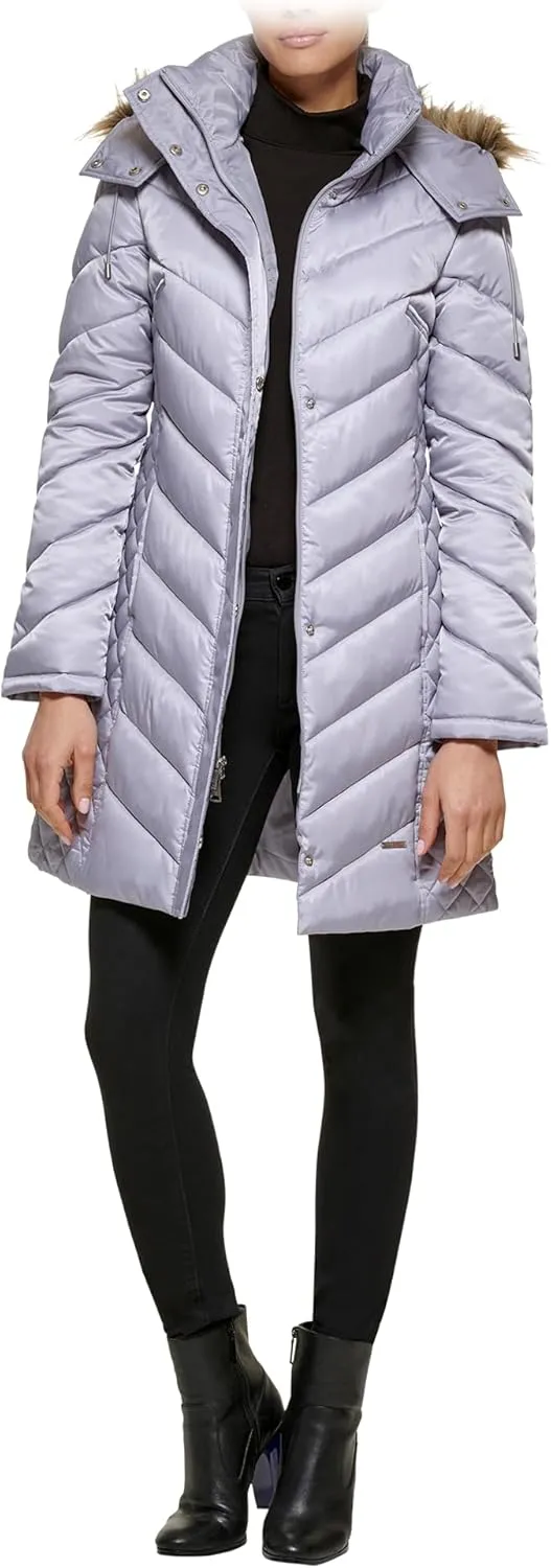 Kenneth Cole Women's Mid-Length Chevron Quilted Puffer Jacket Hooded Coat with Faux Fur Trim
