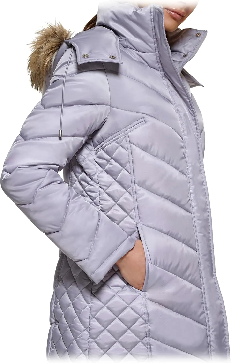 Kenneth Cole Women's Mid-Length Chevron Quilted Puffer Jacket Hooded Coat with Faux Fur Trim