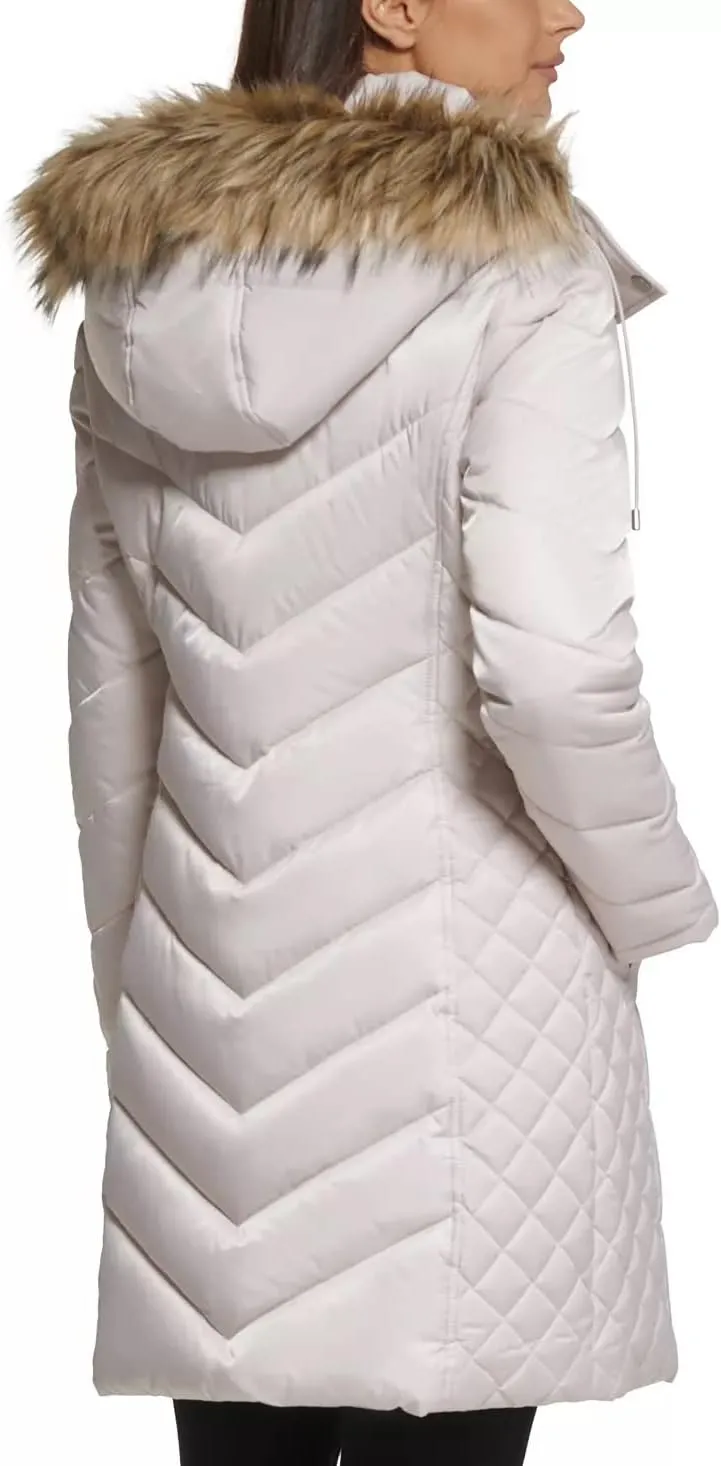 Kenneth Cole Women's Mid-Length Chevron Quilted Puffer Jacket Hooded Coat with Faux Fur Trim