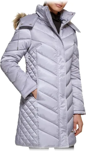 Kenneth Cole Women's Mid-Length Chevron Quilted Puffer Jacket Hooded Coat with Faux Fur Trim