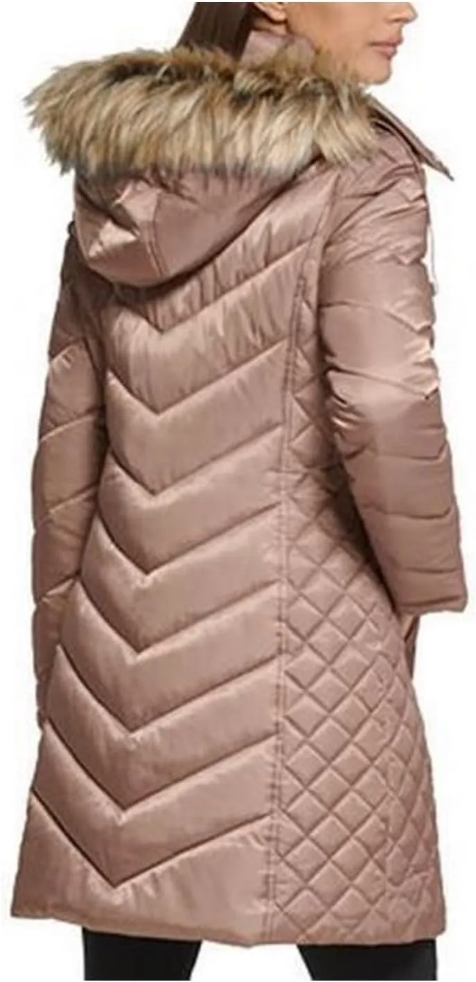Kenneth Cole Women's Mid-Length Chevron Quilted Puffer Jacket Hooded Coat with Faux Fur Trim