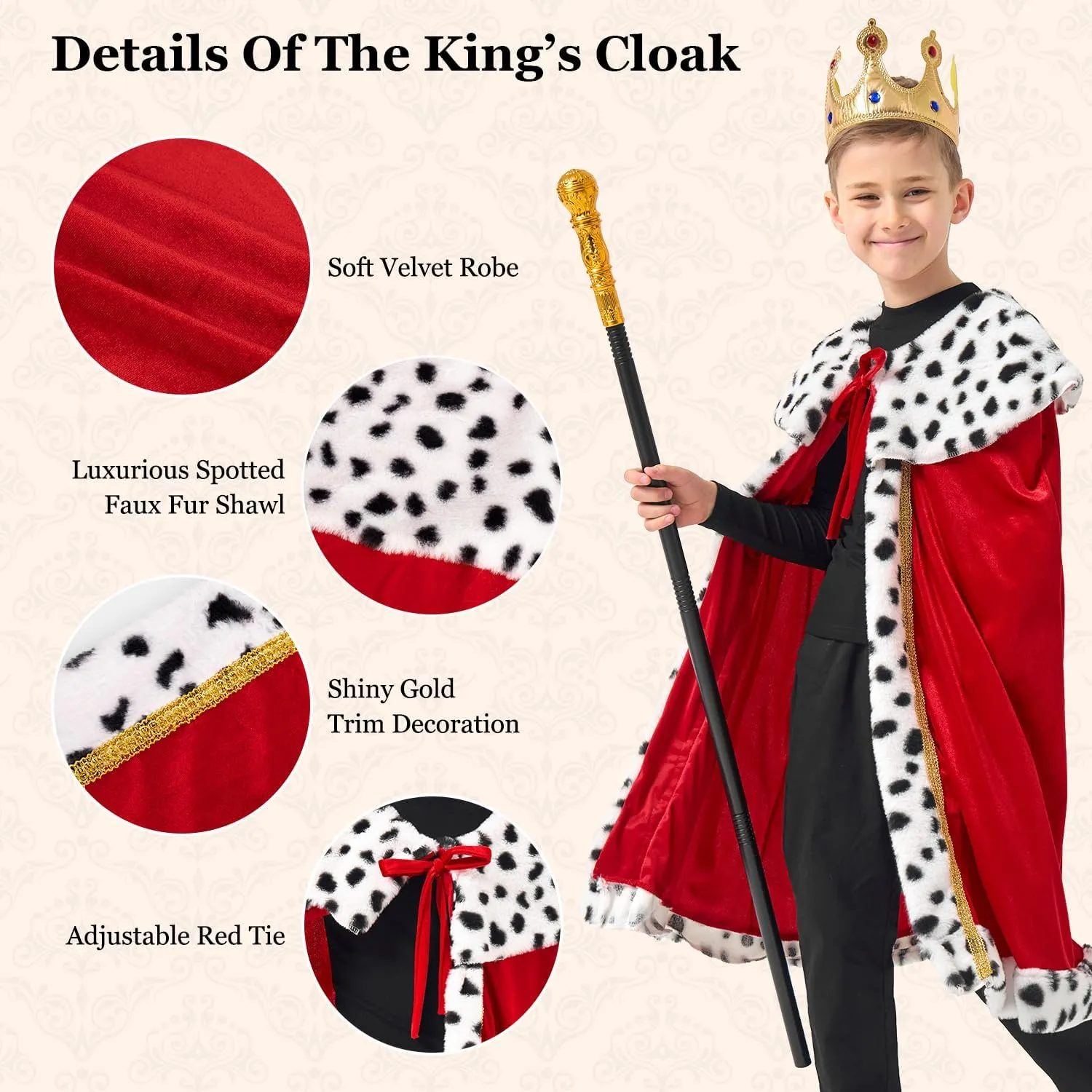 King Costume Red Royal Cape Kings Cloak With Crown And Scepter Set Royal Robe Costume For Kid & Adult