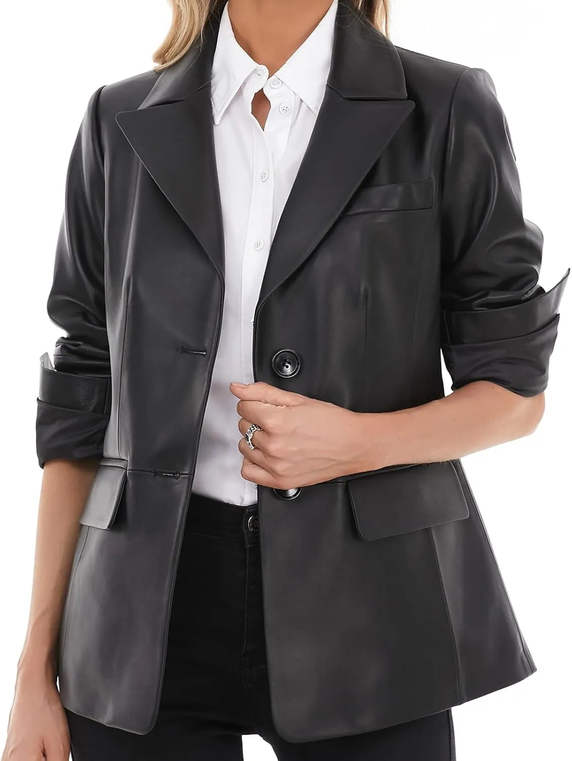 Lambskin Leather Jacket Women,Long Sleeve Button Front Leather Blazer,Notched Lapel Casual Style,Vent Detail