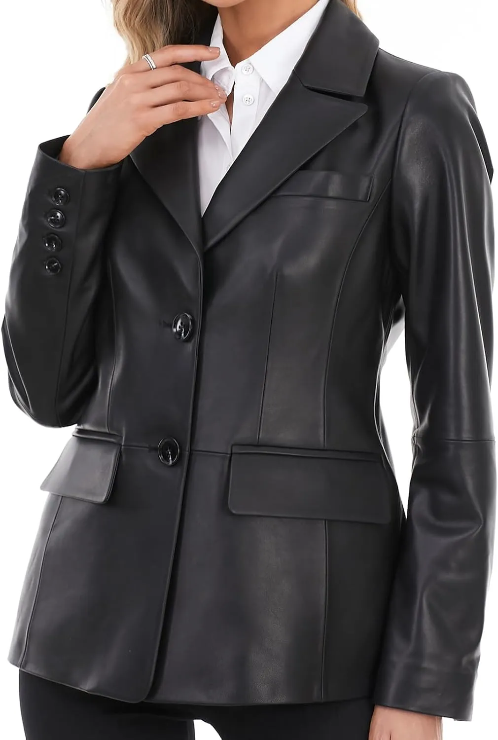 Lambskin Leather Jacket Women,Long Sleeve Button Front Leather Blazer,Notched Lapel Casual Style,Vent Detail
