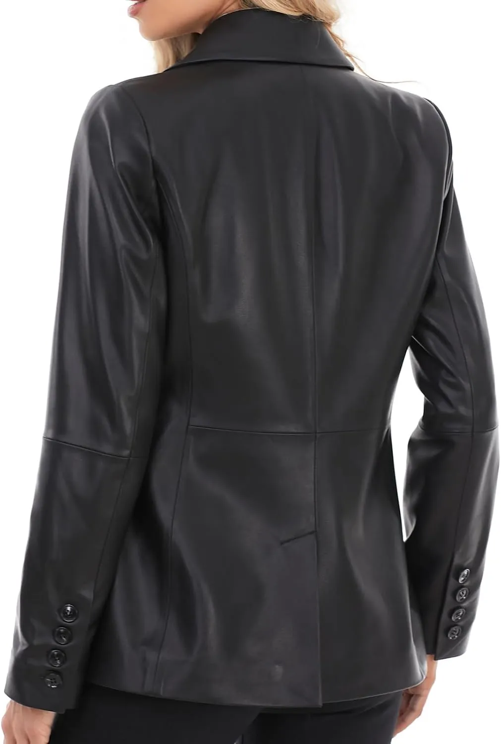 Lambskin Leather Jacket Women,Long Sleeve Button Front Leather Blazer,Notched Lapel Casual Style,Vent Detail