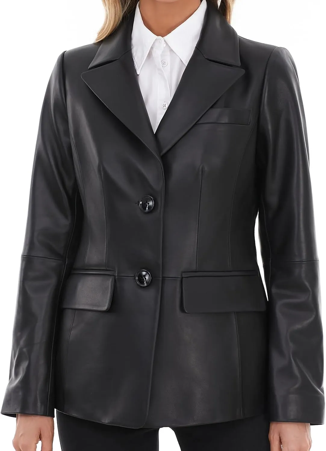 Lambskin Leather Jacket Women,Long Sleeve Button Front Leather Blazer,Notched Lapel Casual Style,Vent Detail