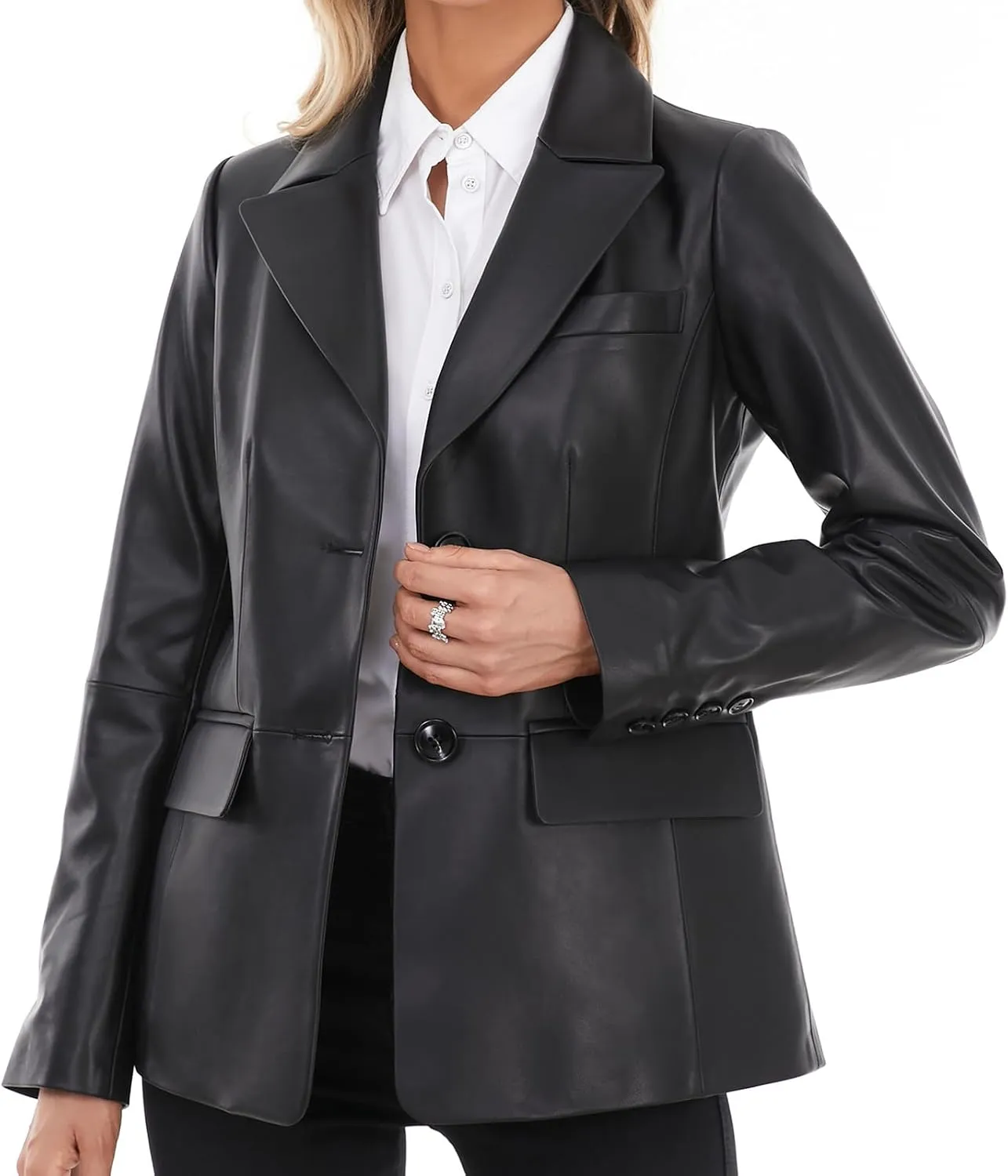 Lambskin Leather Jacket Women,Long Sleeve Button Front Leather Blazer,Notched Lapel Casual Style,Vent Detail