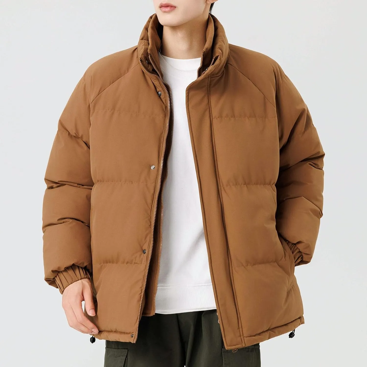 lcziwo Mens Oversized Winter Puffer Jacket Double Zipper Stand Collar Warm Quilted Coat Thick Outdoor Cotton-Padded Jacket