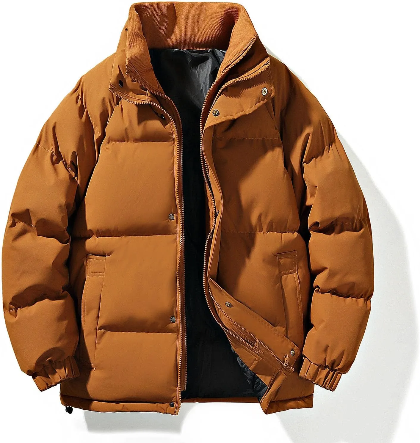 lcziwo Mens Oversized Winter Puffer Jacket Double Zipper Stand Collar Warm Quilted Coat Thick Outdoor Cotton-Padded Jacket