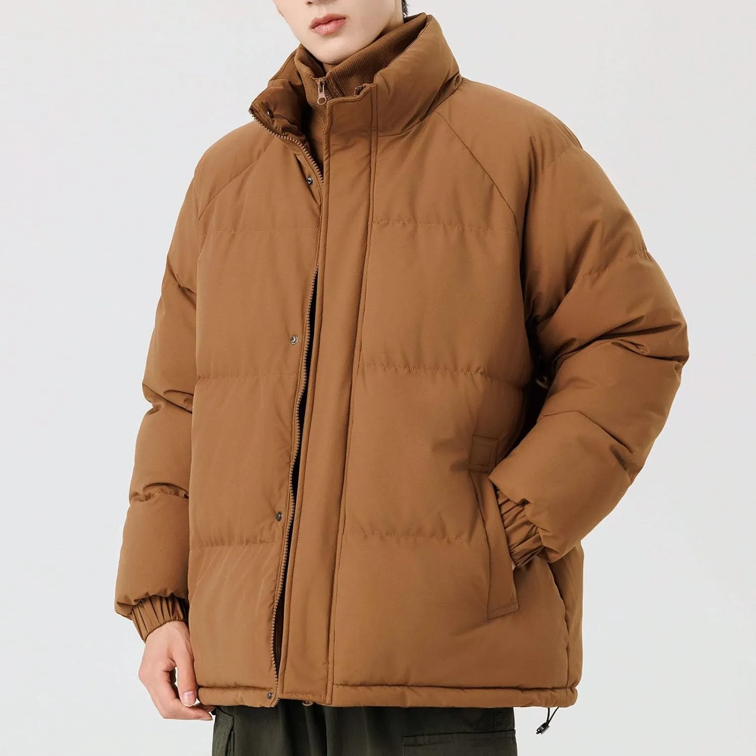 lcziwo Mens Oversized Winter Puffer Jacket Double Zipper Stand Collar Warm Quilted Coat Thick Outdoor Cotton-Padded Jacket