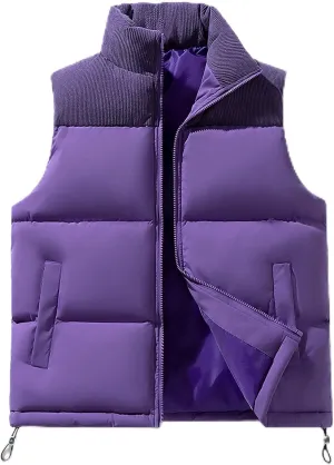 lcziwo Men's Puffer Vest Jacket Corduroy Patchwork Sleeveless Zip up Stand Collar Padded Cotton Coat Warm Winter Outwear