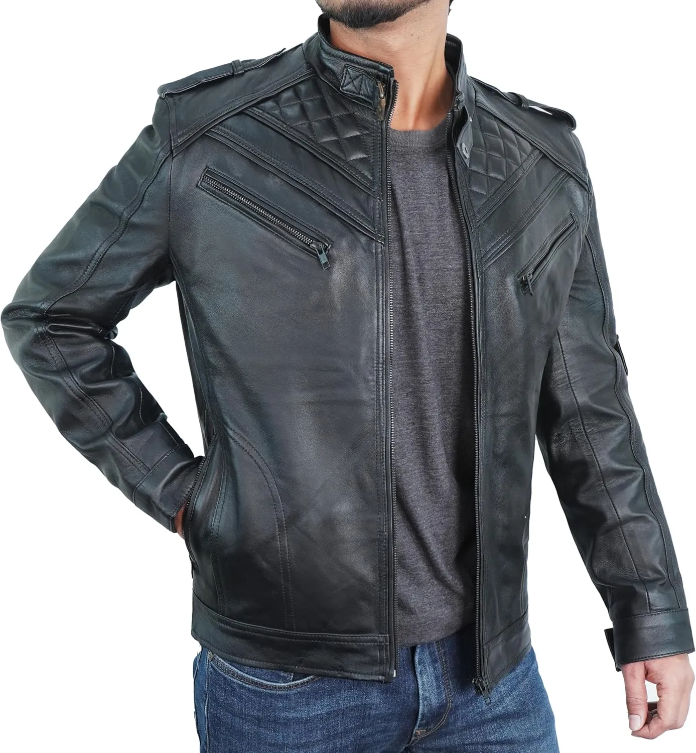 Leather Jacket Men - Polo Collar Vintage Shirt Style Real Lambskin Men Leather Jacket