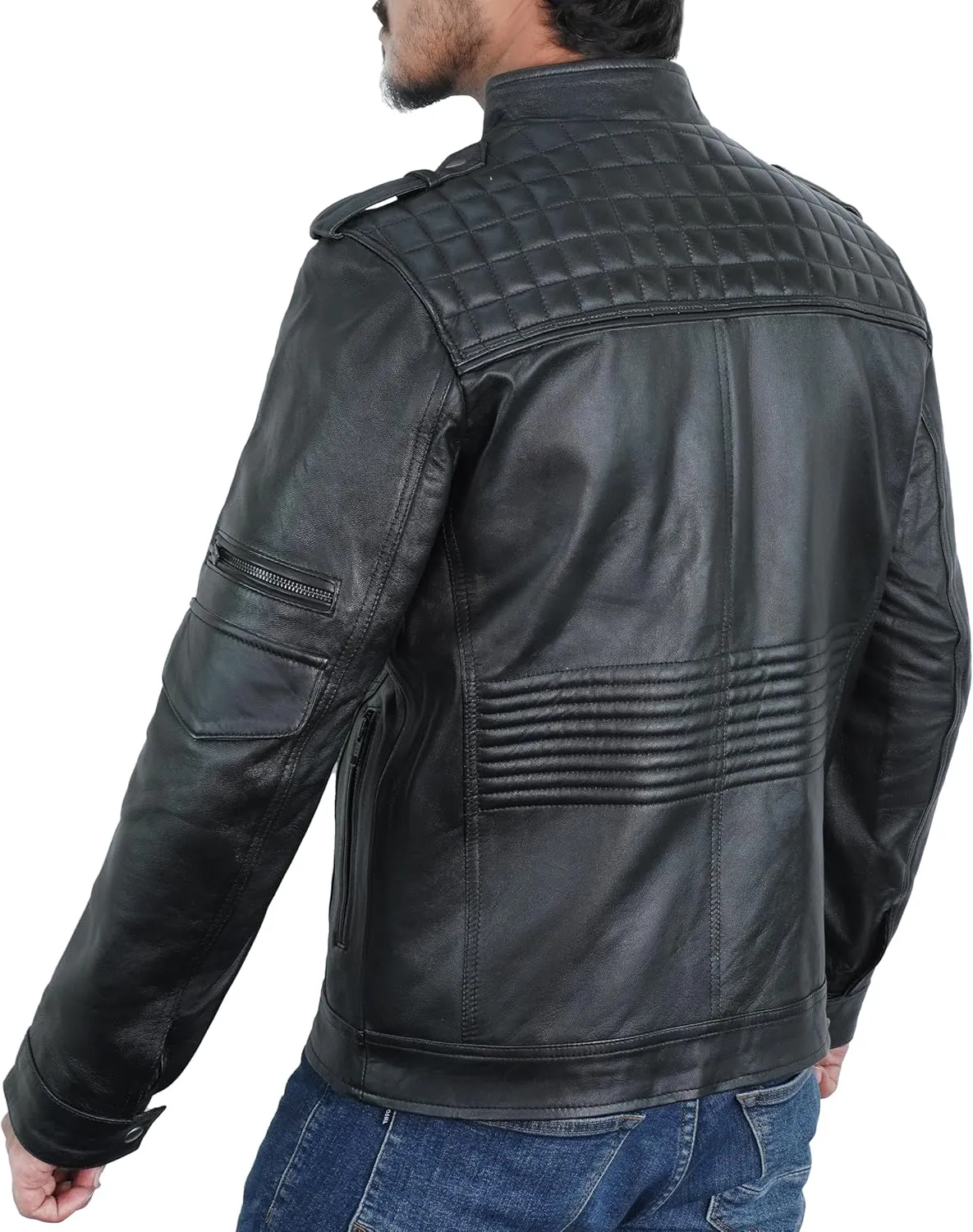 Leather Jacket Men - Polo Collar Vintage Shirt Style Real Lambskin Men Leather Jacket