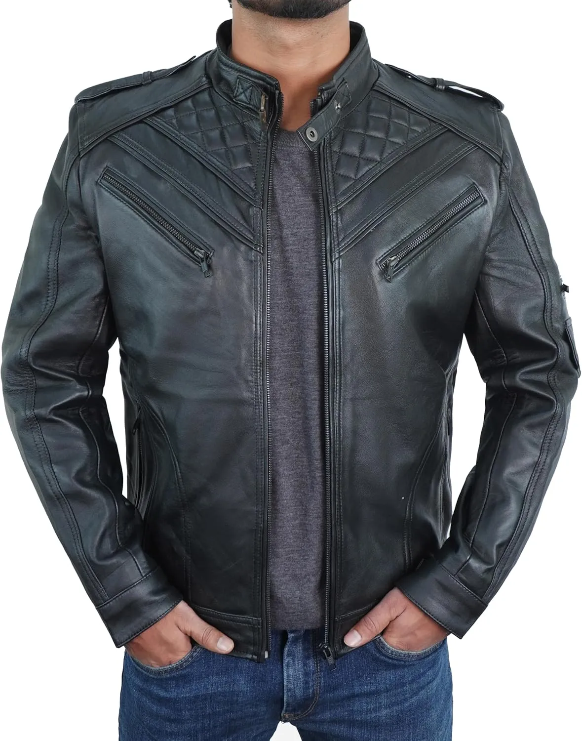 Leather Jacket Men - Polo Collar Vintage Shirt Style Real Lambskin Men Leather Jacket