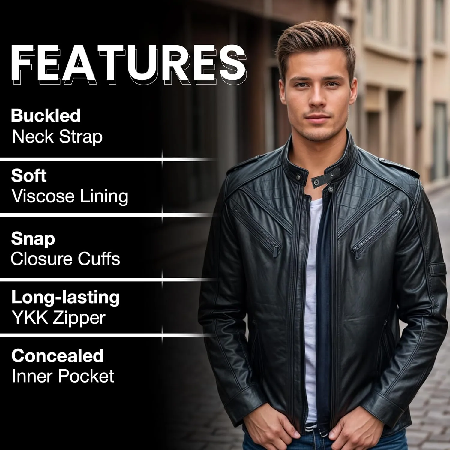Leather Jacket Men - Polo Collar Vintage Shirt Style Real Lambskin Men Leather Jacket