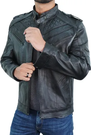 Leather Jacket Men - Polo Collar Vintage Shirt Style Real Lambskin Men Leather Jacket