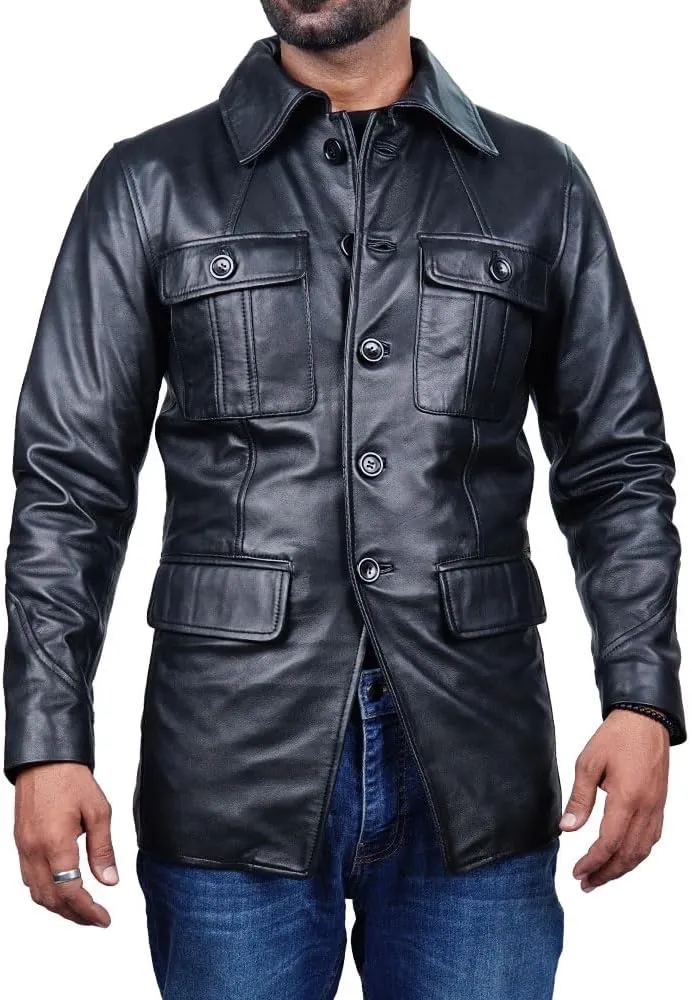 Leather Jacket Men | Vintage Four Pocket Genuine Leather Jacket | Shirt Collar Five Buttons Mens Leather Jacket