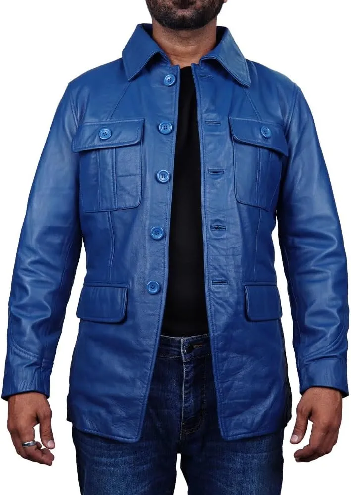 Leather Jacket Men | Vintage Four Pocket Genuine Leather Jacket | Shirt Collar Five Buttons Mens Leather Jacket