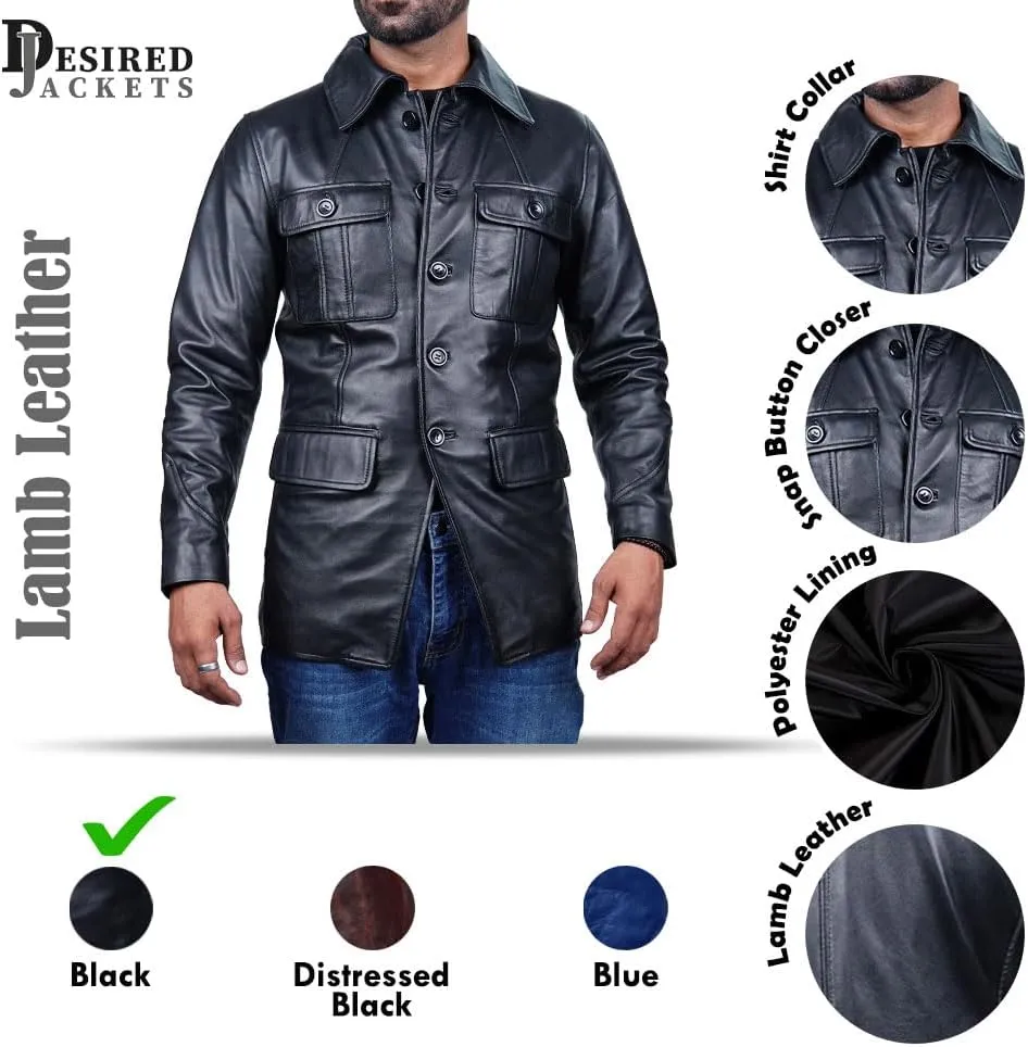 Leather Jacket Men | Vintage Four Pocket Genuine Leather Jacket | Shirt Collar Five Buttons Mens Leather Jacket