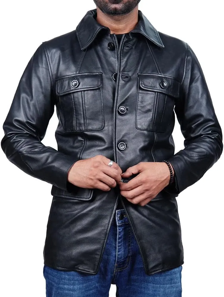Leather Jacket Men | Vintage Four Pocket Genuine Leather Jacket | Shirt Collar Five Buttons Mens Leather Jacket