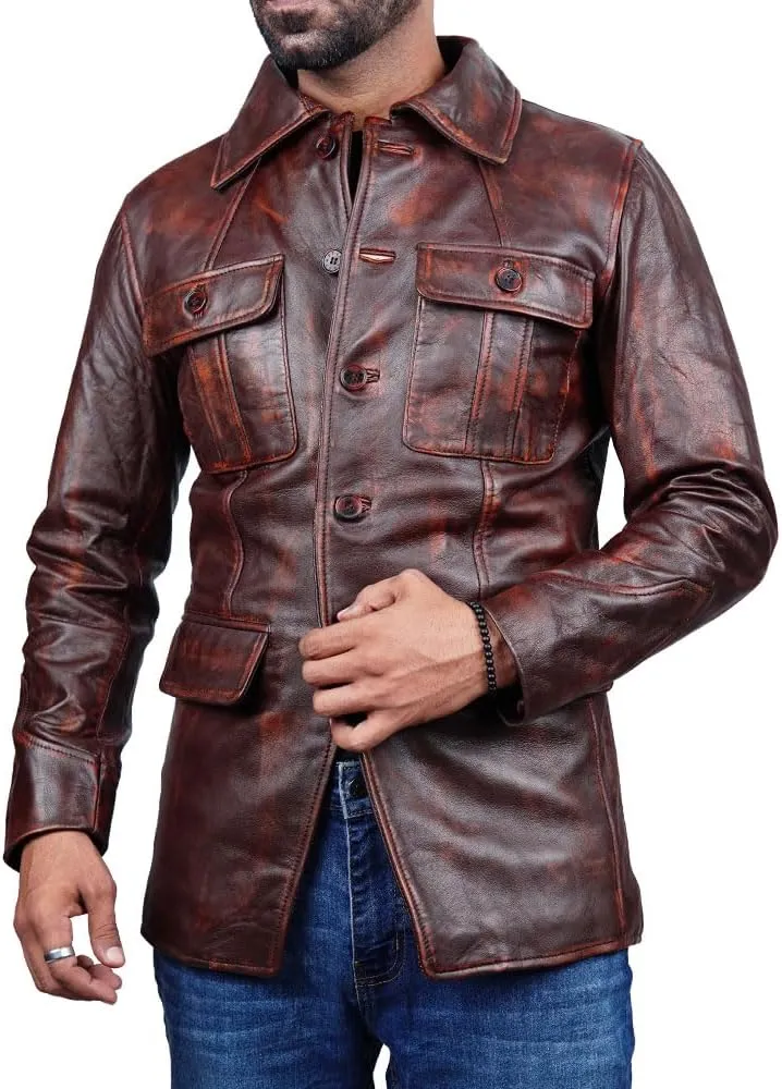 Leather Jacket Men | Vintage Four Pocket Genuine Leather Jacket | Shirt Collar Five Buttons Mens Leather Jacket