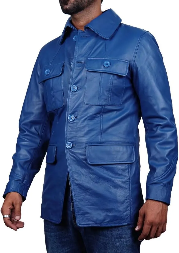 Leather Jacket Men | Vintage Four Pocket Genuine Leather Jacket | Shirt Collar Five Buttons Mens Leather Jacket