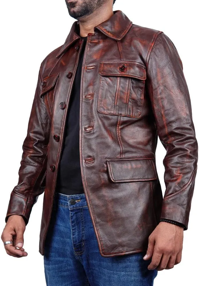 Leather Jacket Men | Vintage Four Pocket Genuine Leather Jacket | Shirt Collar Five Buttons Mens Leather Jacket
