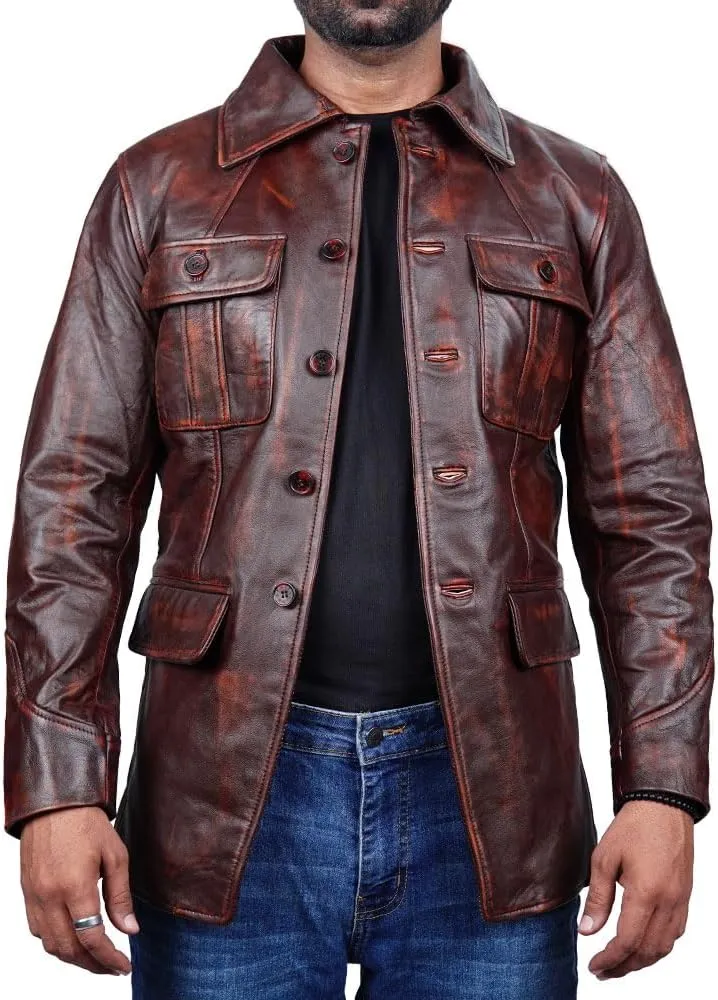 Leather Jacket Men | Vintage Four Pocket Genuine Leather Jacket | Shirt Collar Five Buttons Mens Leather Jacket