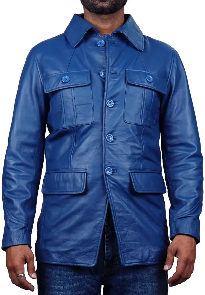 Leather Jacket Men | Vintage Four Pocket Genuine Leather Jacket | Shirt Collar Five Buttons Mens Leather Jacket