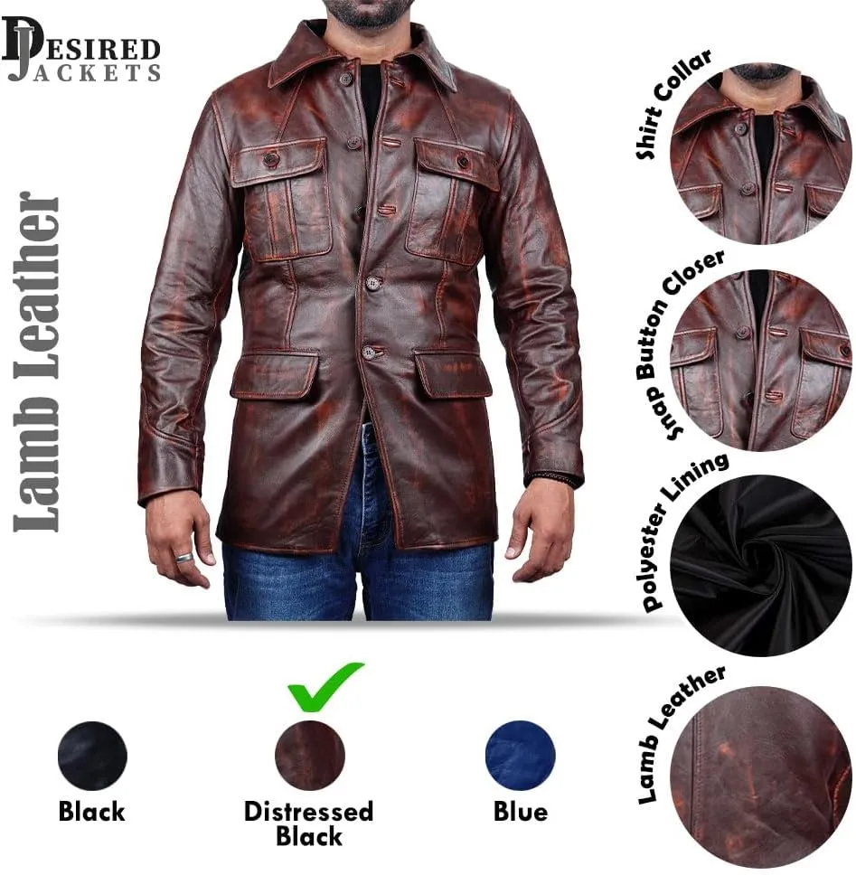 Leather Jacket Men | Vintage Four Pocket Genuine Leather Jacket | Shirt Collar Five Buttons Mens Leather Jacket