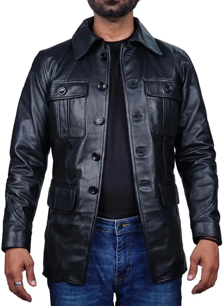 Leather Jacket Men | Vintage Four Pocket Genuine Leather Jacket | Shirt Collar Five Buttons Mens Leather Jacket