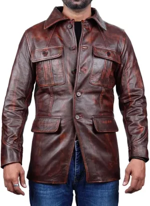 Leather Jacket Men | Vintage Four Pocket Genuine Leather Jacket | Shirt Collar Five Buttons Mens Leather Jacket