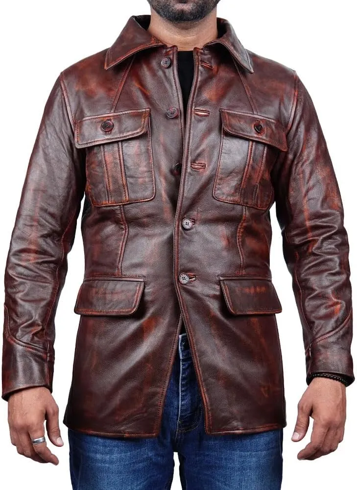 Leather Jacket Men | Vintage Four Pocket Genuine Leather Jacket | Shirt Collar Five Buttons Mens Leather Jacket