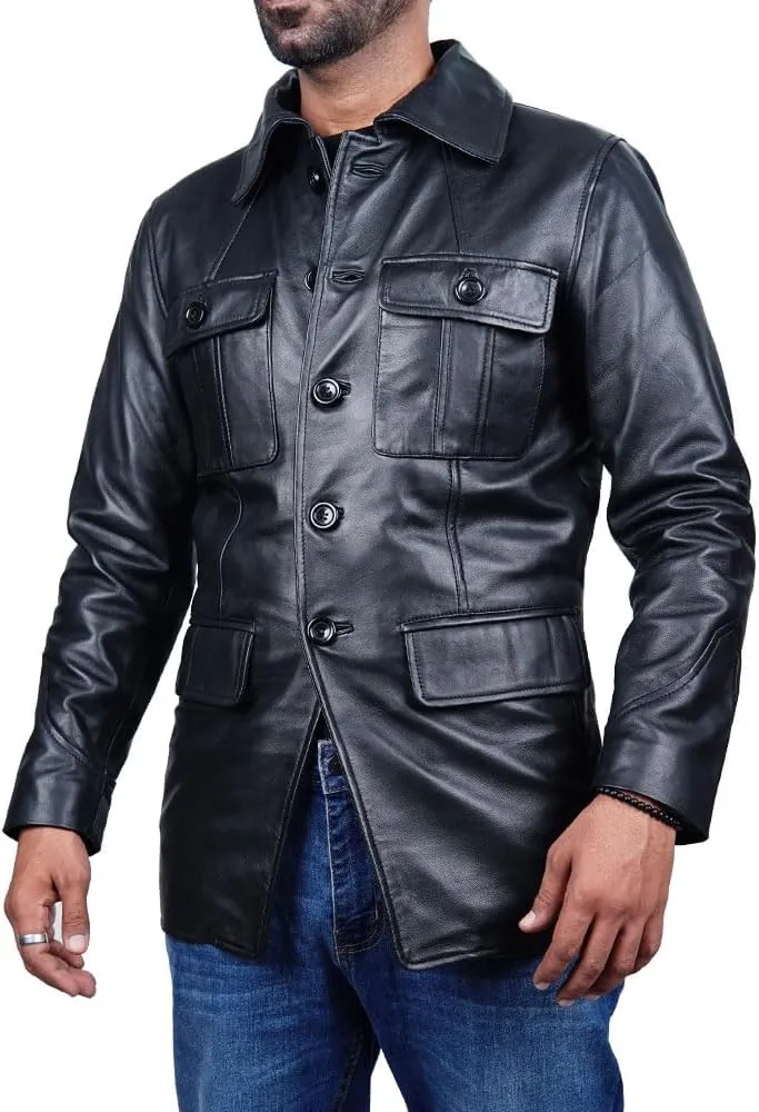 Leather Jacket Men | Vintage Four Pocket Genuine Leather Jacket | Shirt Collar Five Buttons Mens Leather Jacket