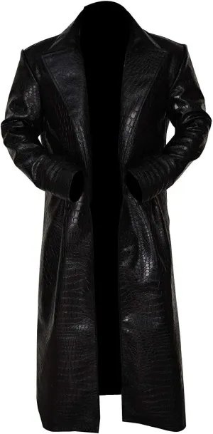 Leather Trench Coat Men Genuine Lambskin Leather Full Length Style Long Black Coat