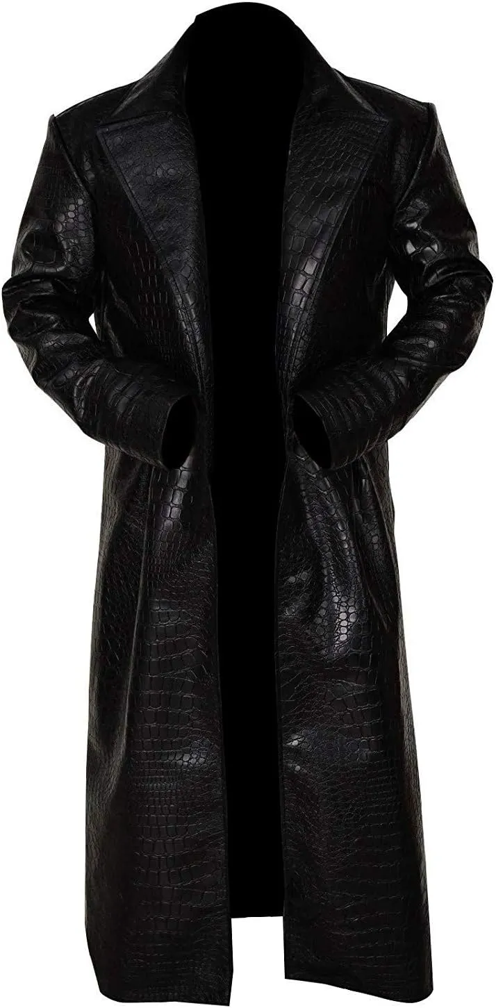 Leather Trench Coat Men Genuine Lambskin Leather Full Length Style Long Black Coat