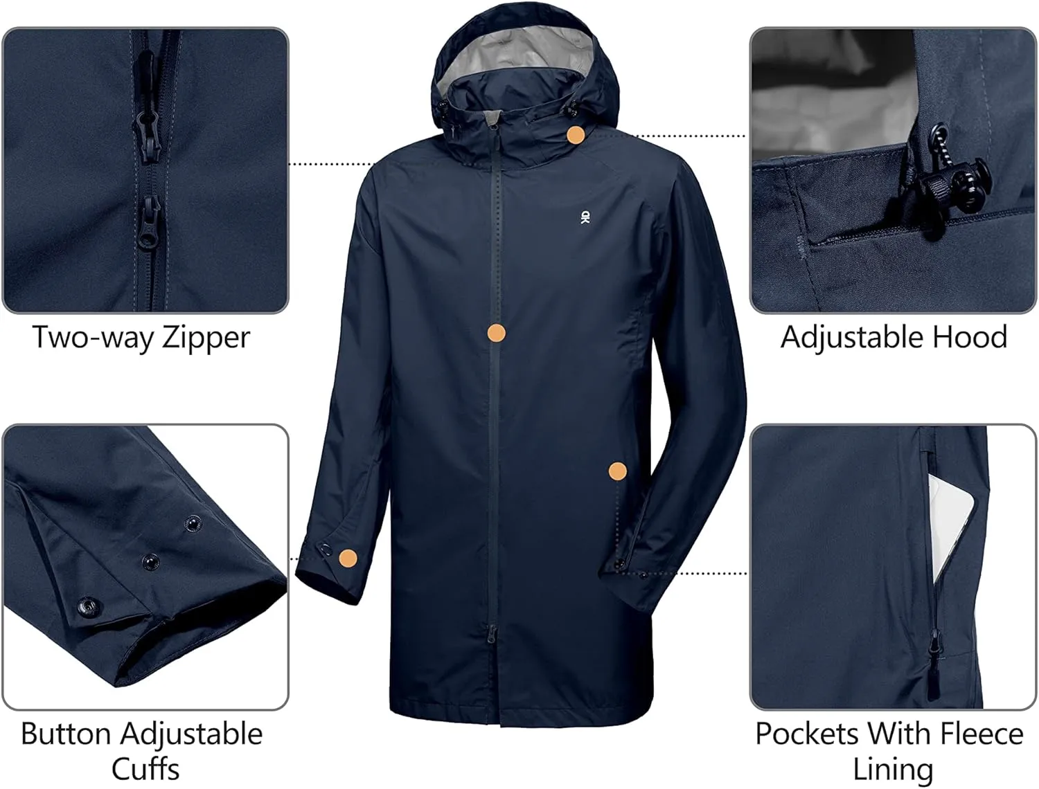 Little Donkey Andy Men's Waterproof Rain Jacket Outdoor Lightweight Mountain Windbreaker Long Coat for Hiking Golf Travel