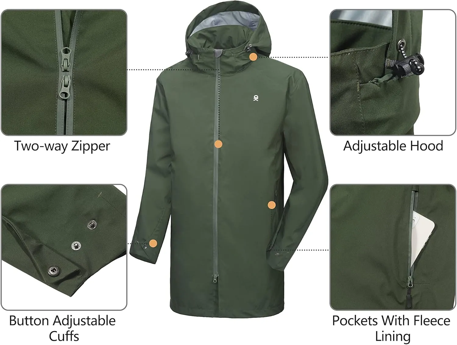 Little Donkey Andy Men's Waterproof Rain Jacket Outdoor Lightweight Mountain Windbreaker Long Coat for Hiking Golf Travel