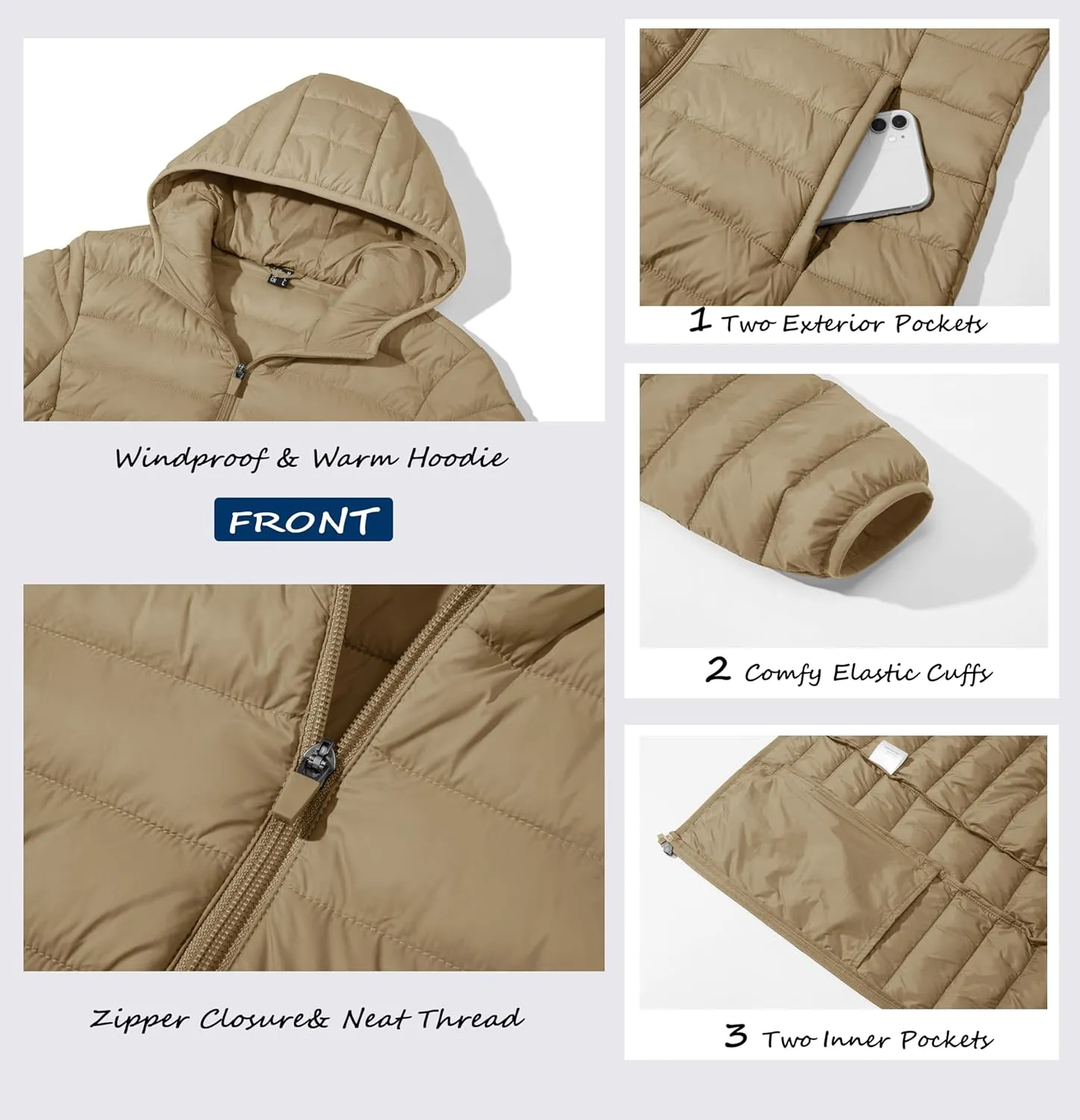 MAGCOMSEN Women's Hooded Puffer Jacket Lightweight Quilted Padded Coat 4 Pockets Zip-up Winter Warm Outerwear