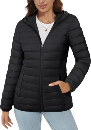MAGCOMSEN Women's Hooded Puffer Jacket Lightweight Quilted Padded Coat 4 Pockets Zip-up Winter Warm Outerwear