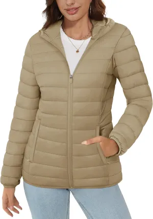 MAGCOMSEN Women's Hooded Puffer Jacket Lightweight Quilted Padded Coat 4 Pockets Zip-up Winter Warm Outerwear