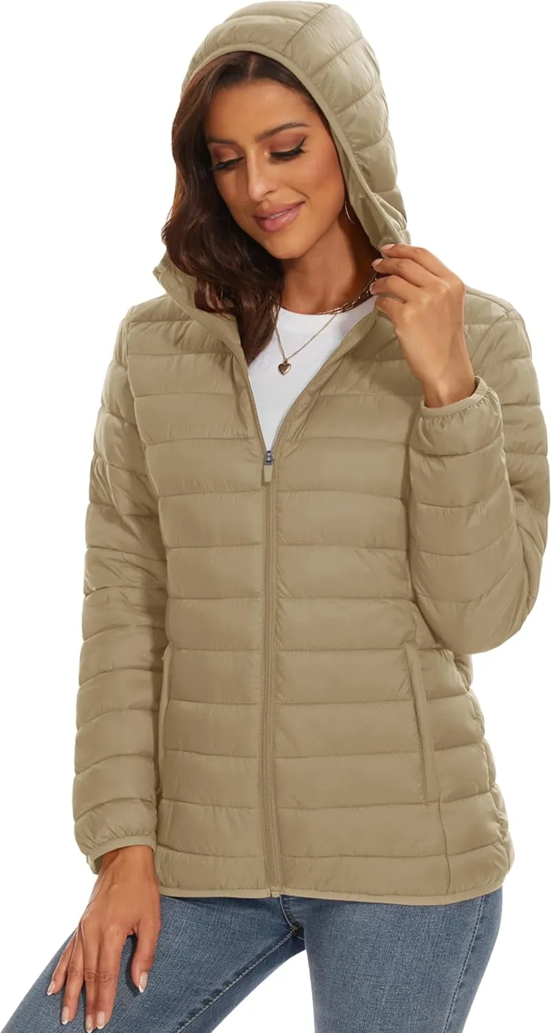 MAGCOMSEN Women's Hooded Puffer Jacket Lightweight Quilted Padded Coat 4 Pockets Zip-up Winter Warm Outerwear
