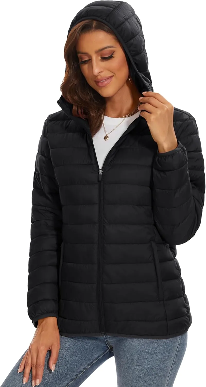 MAGCOMSEN Women's Hooded Puffer Jacket Lightweight Quilted Padded Coat 4 Pockets Zip-up Winter Warm Outerwear