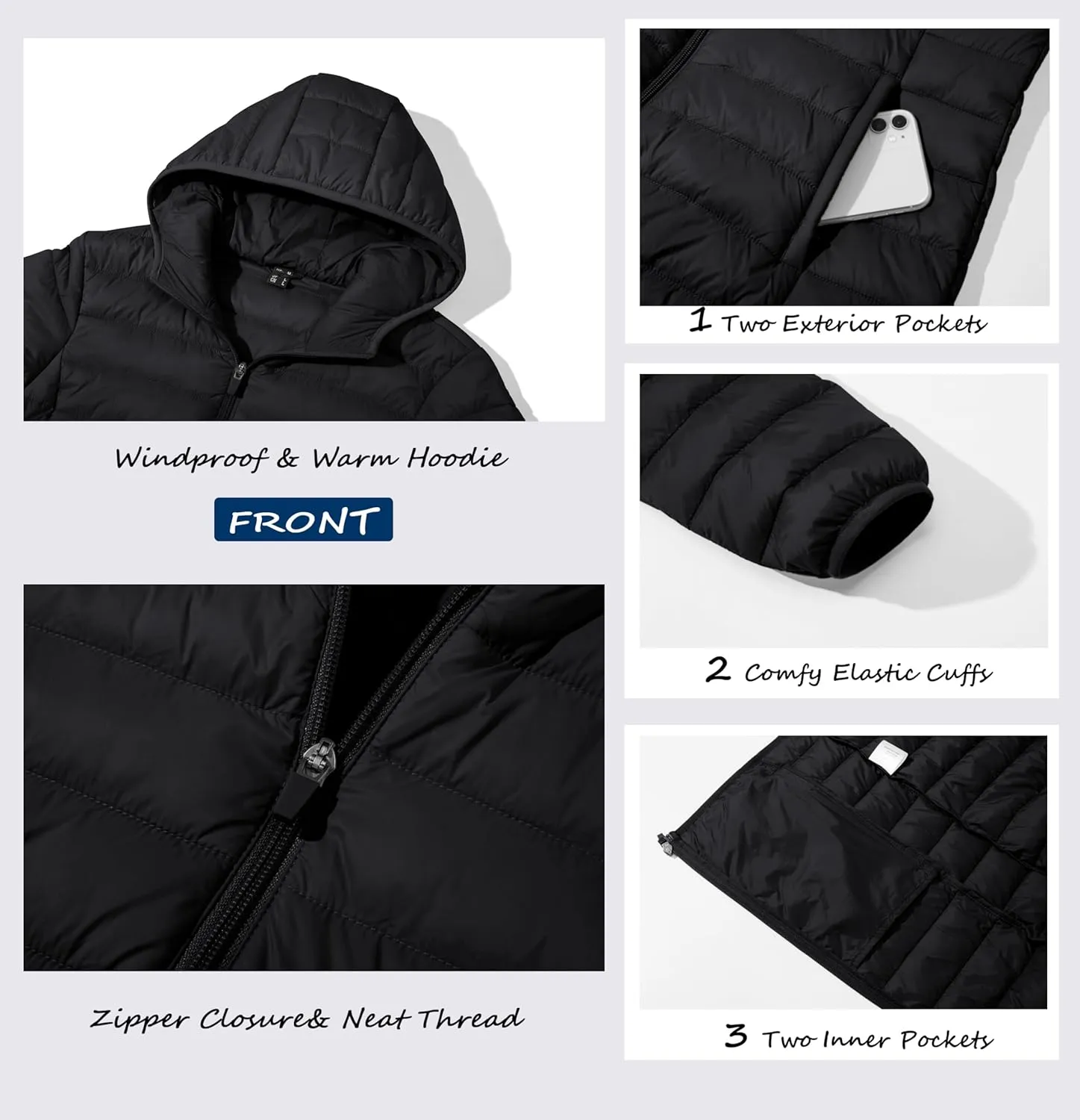 MAGCOMSEN Women's Hooded Puffer Jacket Lightweight Quilted Padded Coat 4 Pockets Zip-up Winter Warm Outerwear