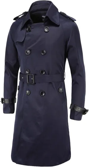 Maiyifu-GJ Men's Double Breasted Trench Coat Stylish Slim Fit Mid Long Belted Windbreaker Lapel Military Jacket with Belt