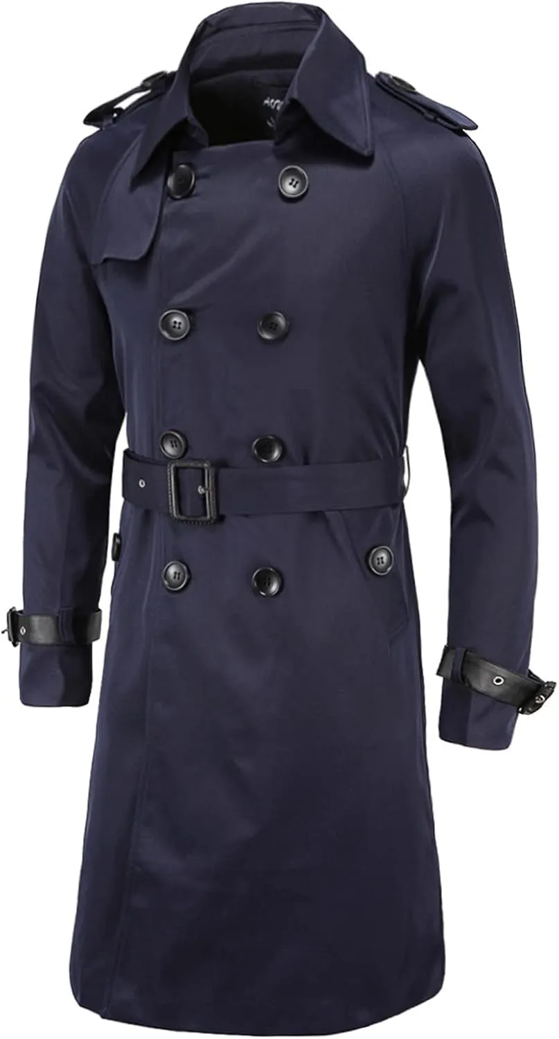 Maiyifu-GJ Men's Double Breasted Trench Coat Stylish Slim Fit Mid Long Belted Windbreaker Lapel Military Jacket with Belt