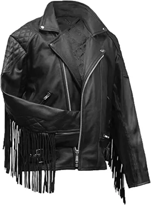 Men Biker Fringe Style Black Motorcycle Jacket | Western Concert Fringed Genuine Leather Jacket